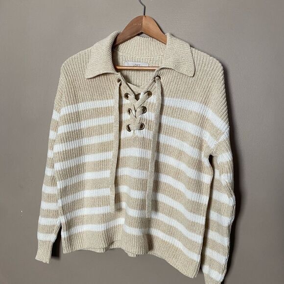 LOFT V-Neck Sweater with Lace-Up Detail collared pullover sz XS neutral EUC - Picture 1 of 13